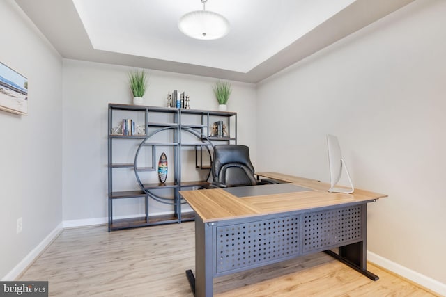 office space featuring hardwood / wood-style flooring and a raised ceiling