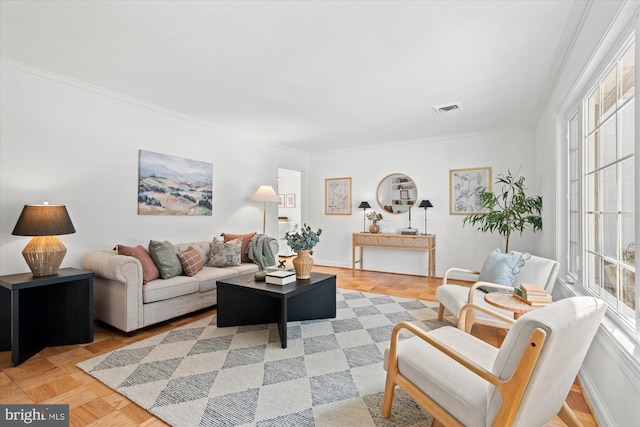 living room featuring light parquet flooring and crown molding