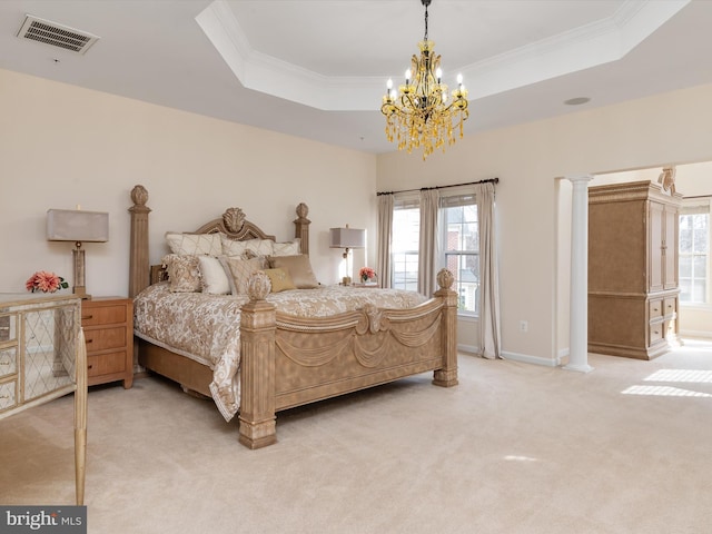 bedroom featuring ornamental molding, a raised ceiling, light carpet, and a notable chandelier