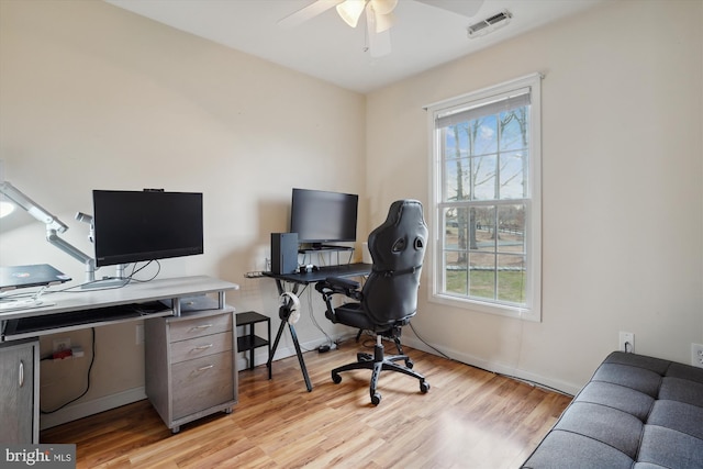 home office featuring plenty of natural light, light hardwood / wood-style floors, and ceiling fan