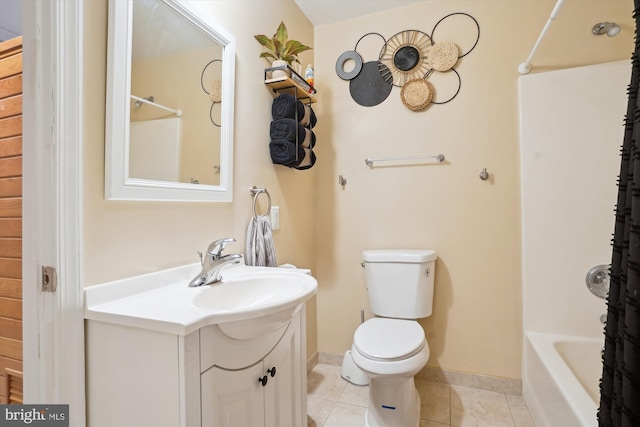 full bathroom with shower / bathtub combination, tile patterned floors, toilet, and vanity