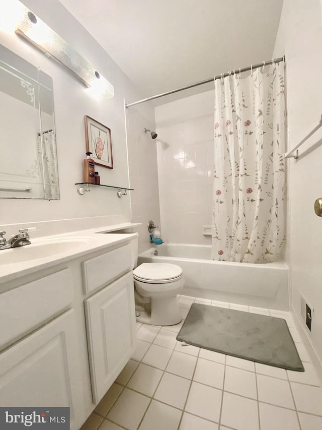 bathroom with toilet, shower / bathtub combination with curtain, vanity, and tile patterned floors