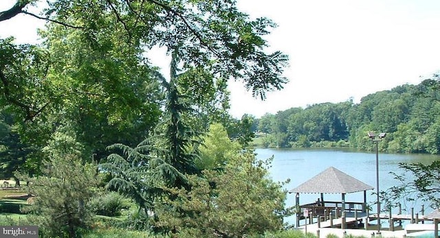 view of water feature with a gazebo and a wooded view