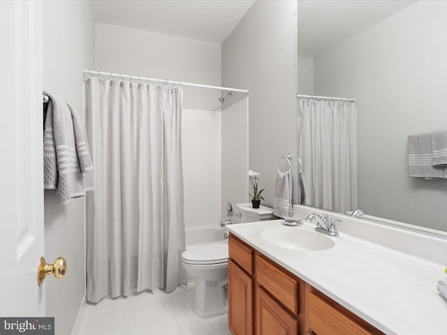 full bathroom with shower / tub combo with curtain, vanity, toilet, and tile patterned flooring