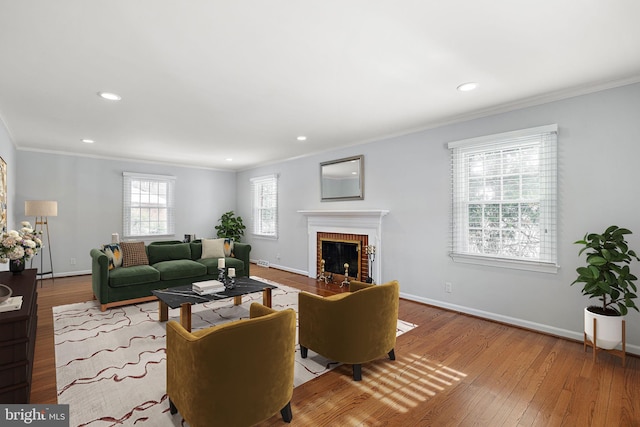 living room featuring ornamental molding, a fireplace, and light wood-type flooring