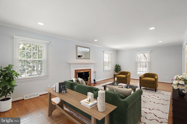 living room featuring ornamental molding, a fireplace, and light hardwood / wood-style floors