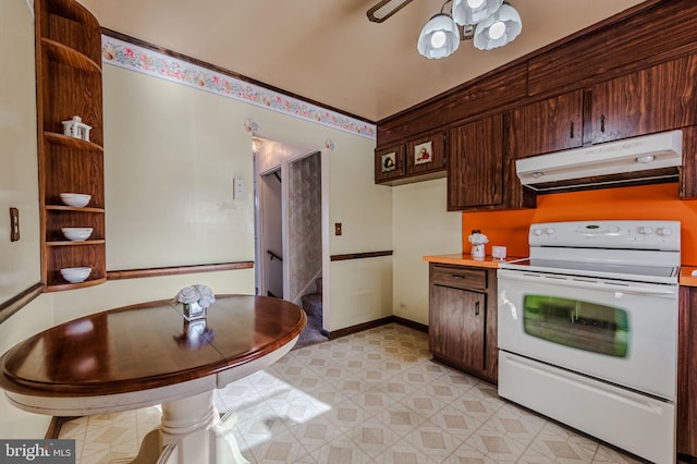 1 Keats Dr, Claymont, DE 19703 - kitchen with dark brown cabinetry, ceiling fan, and white range with electric cooktop