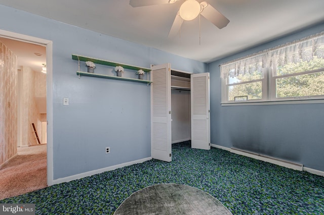 1 Keats Dr, Claymont, DE 19703 - unfurnished bedroom featuring ceiling fan, a closet, carpet, and a baseboard heating unit