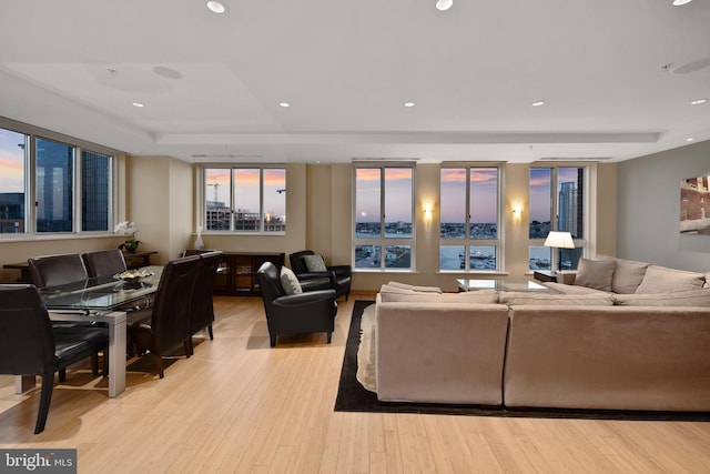 living room with a tray ceiling and light hardwood / wood-style flooring