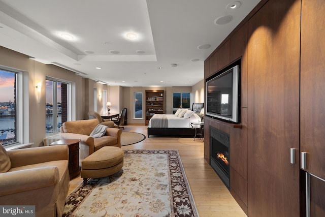 interior space featuring light wood-type flooring, a fireplace, and a tray ceiling