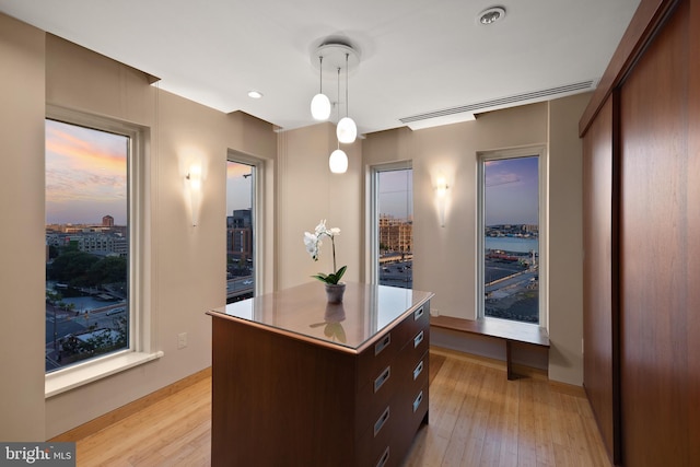 kitchen with pendant lighting, a center island, light hardwood / wood-style floors, and dark brown cabinets