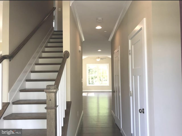 1394 B And A Blvd, Arnold, MD 21012 - stairs featuring ceiling fan, ornamental molding, recessed lighting, wood finished floors, and baseboards