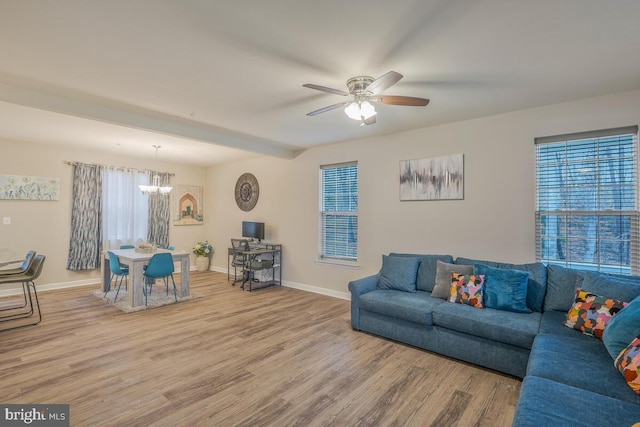 living room featuring ceiling fan with notable chandelier and light hardwood / wood-style flooring