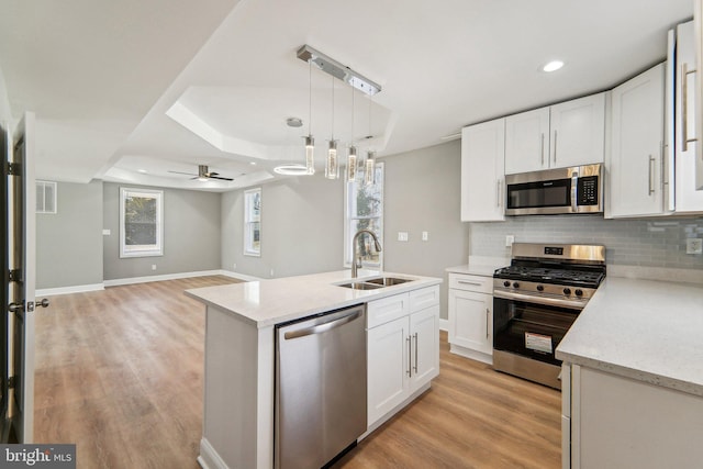 kitchen with appliances with stainless steel finishes, decorative light fixtures, sink, white cabinets, and a kitchen island with sink