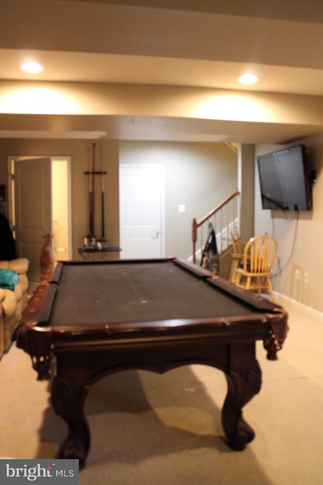 recreation room with billiards and carpet floors