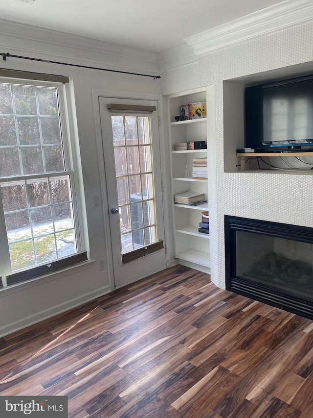 entryway featuring a tiled fireplace, plenty of natural light, dark hardwood / wood-style floors, and built in features