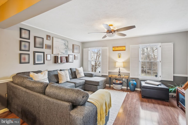 living room featuring ceiling fan and dark hardwood / wood-style flooring