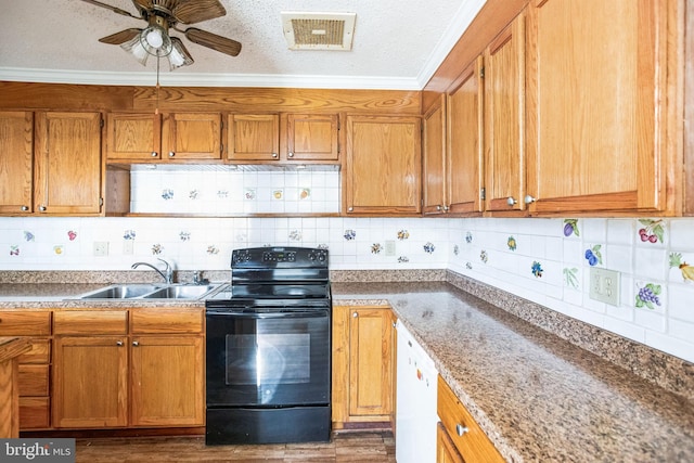 kitchen featuring backsplash, crown molding, sink, and electric range