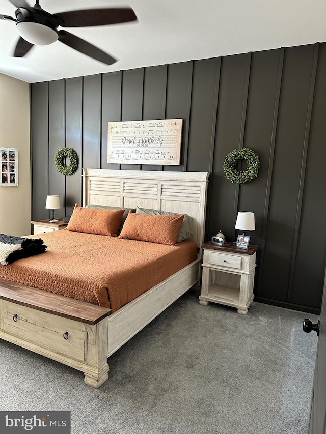 carpeted bedroom with ceiling fan