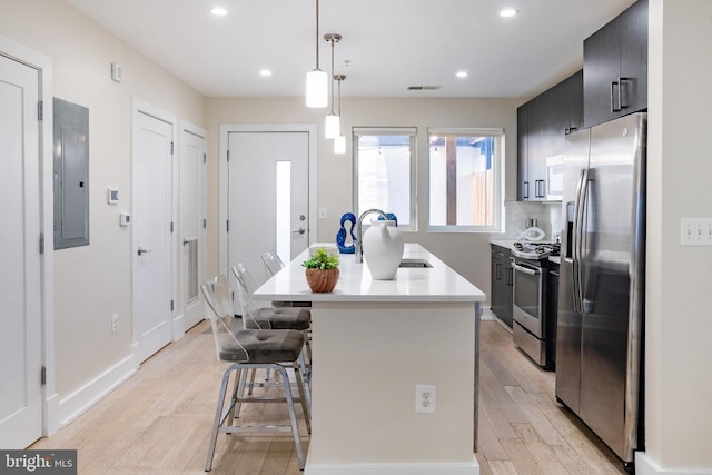 kitchen with sink, a breakfast bar area, hanging light fixtures, electric panel, and stainless steel appliances