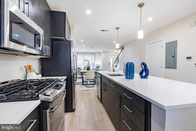 kitchen featuring sink, hanging light fixtures, stainless steel appliances, electric panel, and a center island with sink