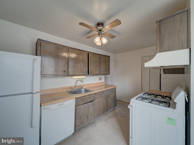 kitchen featuring sink, white appliances, and ceiling fan