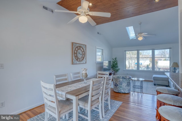 dining area with hardwood / wood-style flooring, plenty of natural light, lofted ceiling with skylight, and ceiling fan