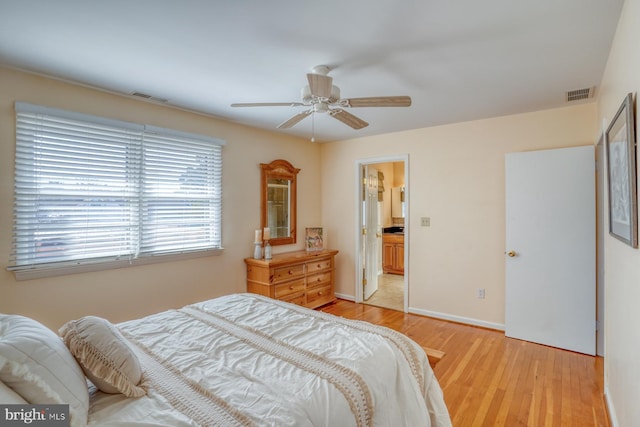 bedroom featuring ceiling fan, ensuite bathroom, and light hardwood / wood-style floors