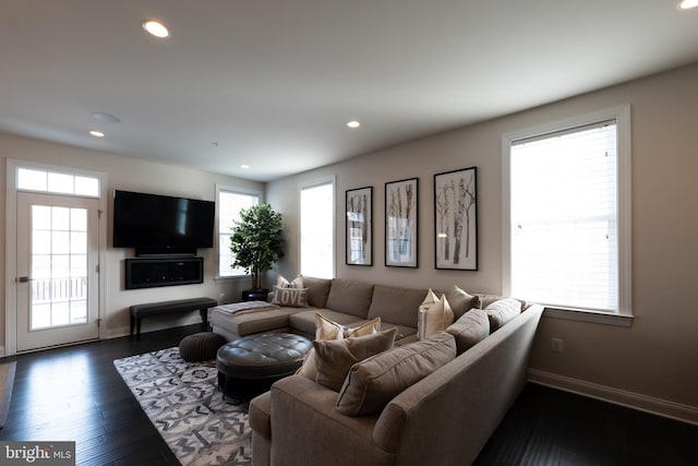 living room featuring dark wood-type flooring and a wealth of natural light