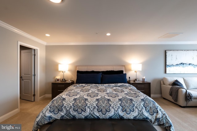 carpeted bedroom featuring ornamental molding