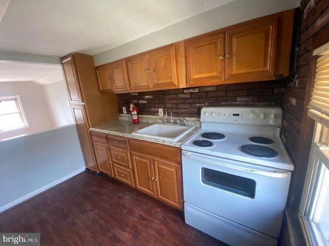 kitchen with lofted ceiling, sink, white electric range, backsplash, and dark hardwood / wood-style flooring