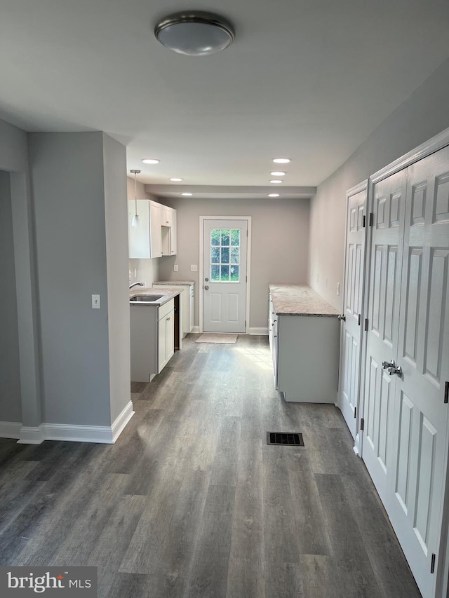 kitchen with sink, white cabinets, and dark hardwood / wood-style floors