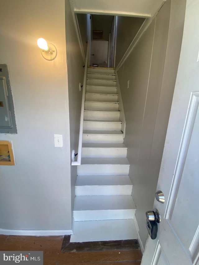 stairs with hardwood / wood-style flooring