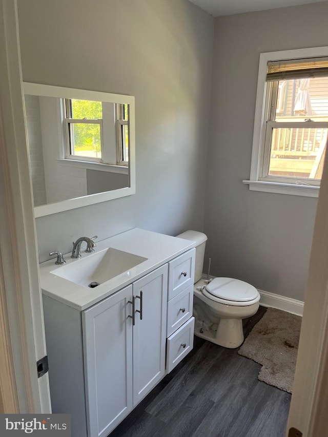 bathroom featuring hardwood / wood-style flooring, vanity, and toilet