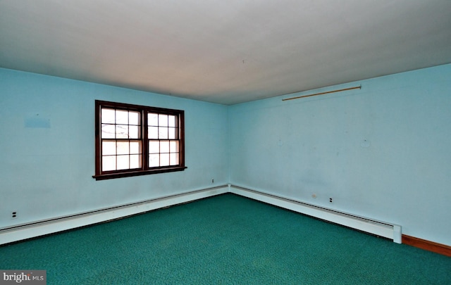 carpeted empty room with baseboard heating and a baseboard radiator