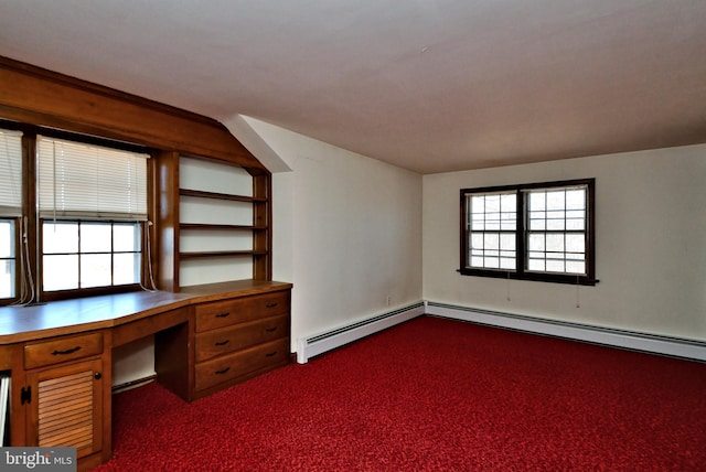 unfurnished office featuring a baseboard radiator and dark carpet