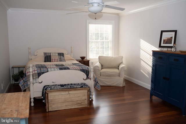 bedroom featuring ornamental molding, dark hardwood / wood-style flooring, and ceiling fan