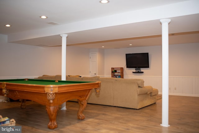 recreation room featuring billiards and hardwood / wood-style floors