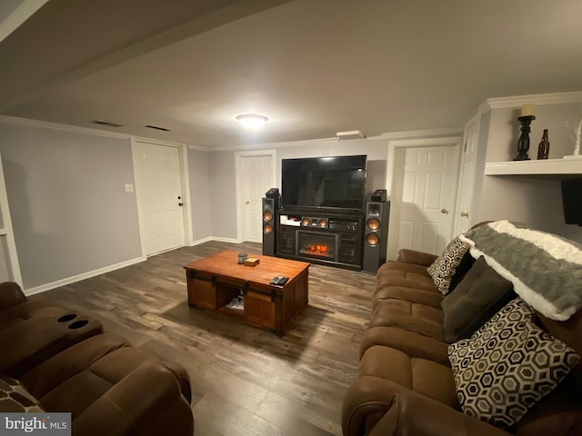 living room featuring ornamental molding, wood-type flooring, and a fireplace