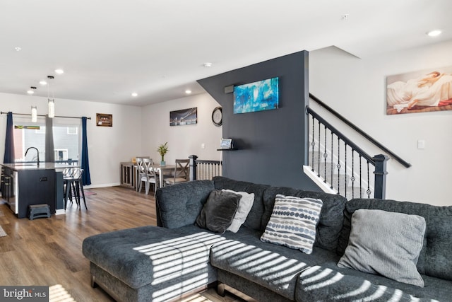 living room with wood-type flooring and sink