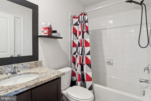 full bathroom with toilet, vanity, and shower / bath combo with shower curtain