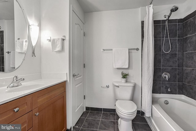 full bathroom featuring shower / bathtub combination with curtain, tile patterned floors, toilet, and vanity