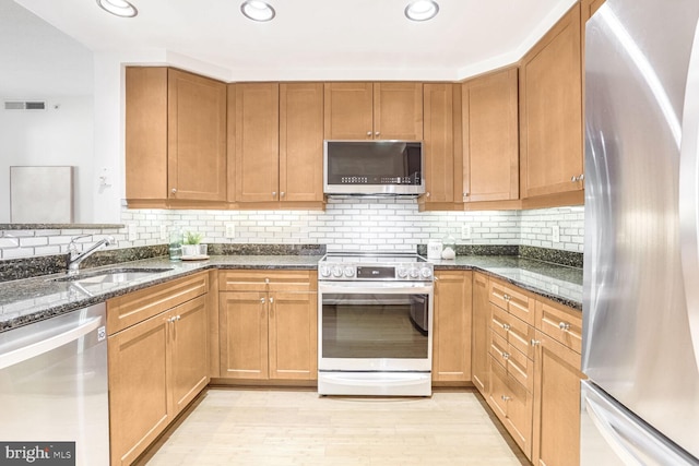 kitchen with dark stone countertops, sink, decorative backsplash, and stainless steel appliances