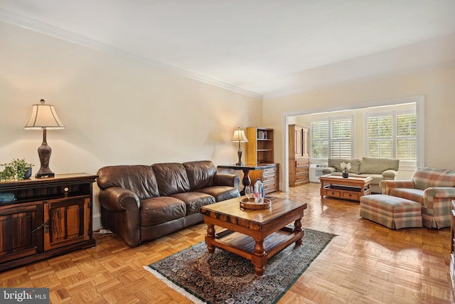 living room featuring light parquet floors and crown molding