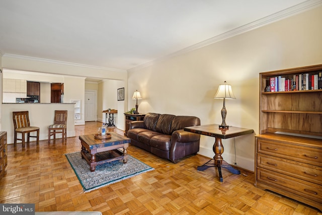 living room featuring light parquet flooring and crown molding