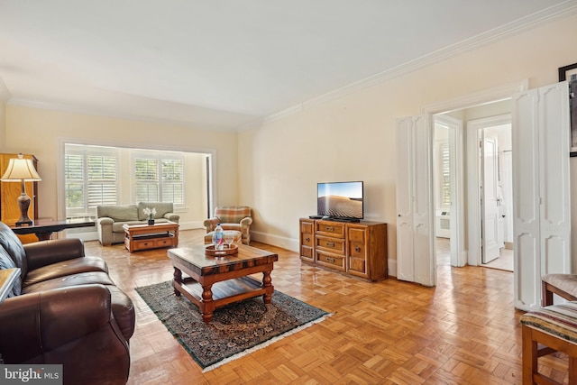 living room with crown molding and light parquet flooring