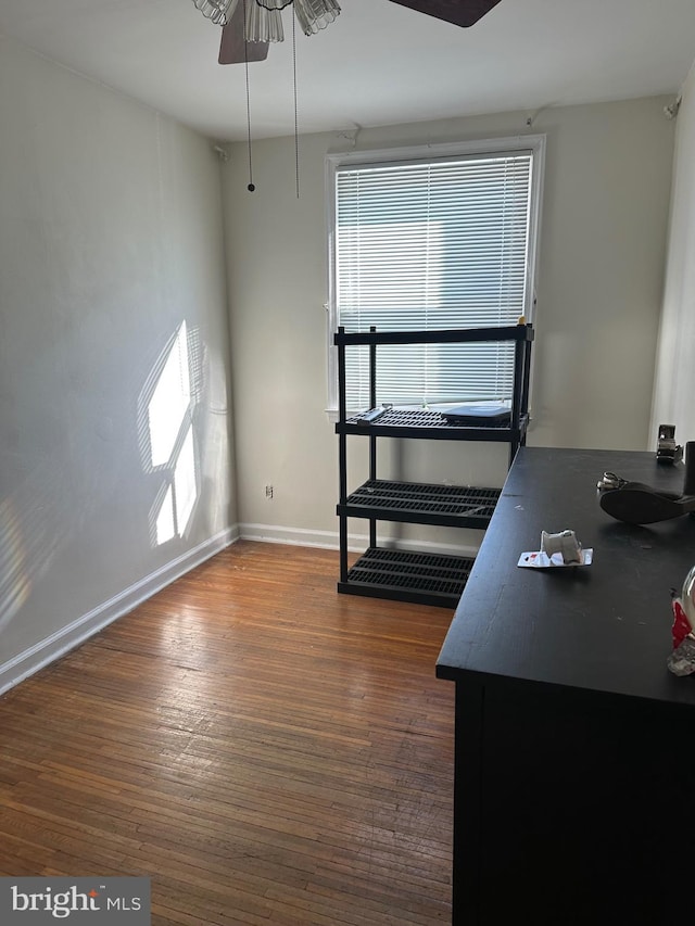 interior space featuring plenty of natural light, hardwood / wood-style floors, and ceiling fan