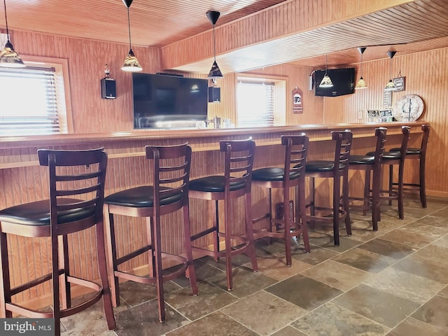 bar with wooden walls, decorative light fixtures, and a wealth of natural light