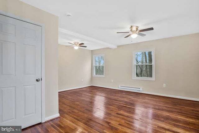 spare room featuring baseboard heating, ceiling fan, and dark hardwood / wood-style floors