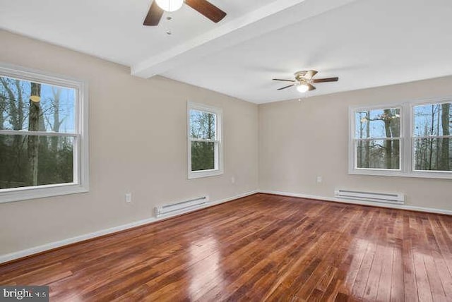 empty room with beamed ceiling, hardwood / wood-style floors, and a baseboard heating unit